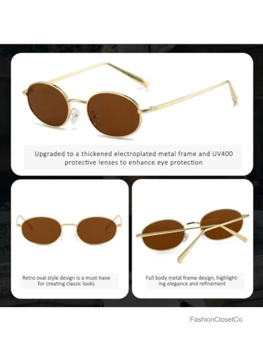 Retro Oval Sunglasses 90s Trendy Small Round Gold Metal Frame Sun Glasses